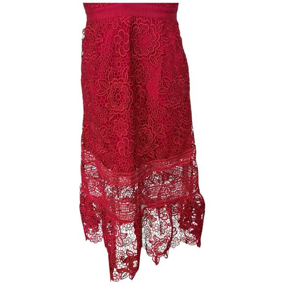 SELF PORTRAIT Floral Blush Lace Guipure Midi Dress in Raspberry Red Size 6 - Picture 4 of 14
